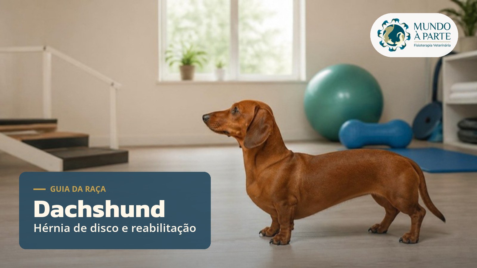 Cão da raça Dachshund (salsicha) em sala de reabilitação veterinária